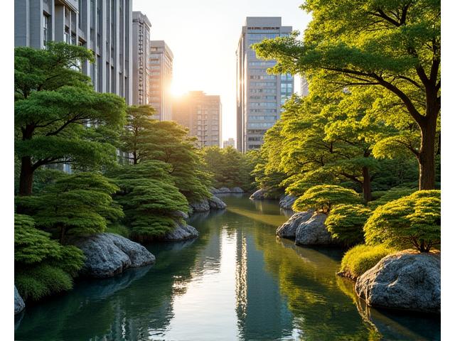 Fandrelioxumoraのビジョンを示す、都会のビル群と調和する癒しの庭園