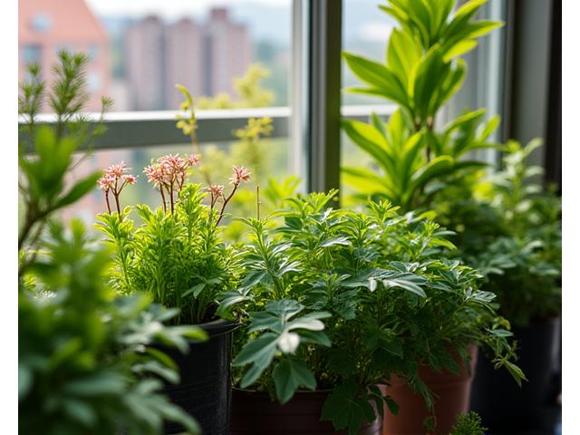 都市のバルコニーで育つ、風に強い多様な植物の集合写真