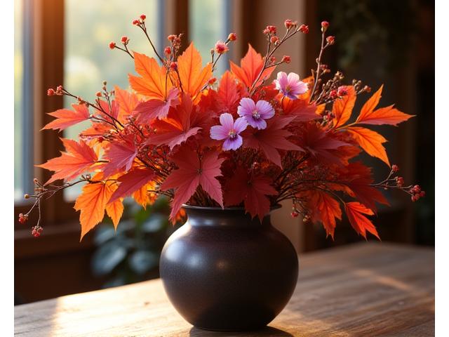 紅葉した枝とコスモスの温かみのある秋のフローラルアレンジメント