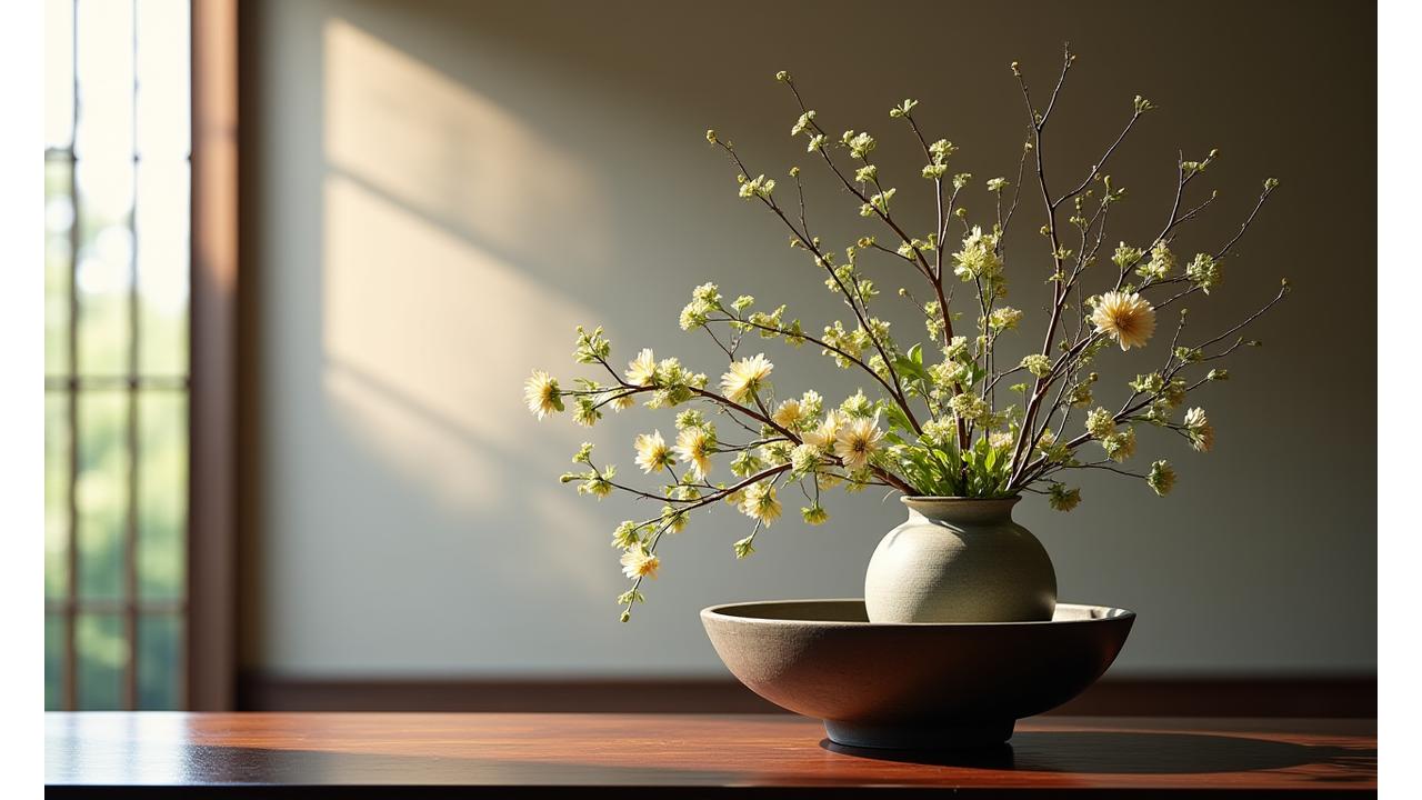 日本の茶室における生け花の生き生きとしたフローラルアレンジメント