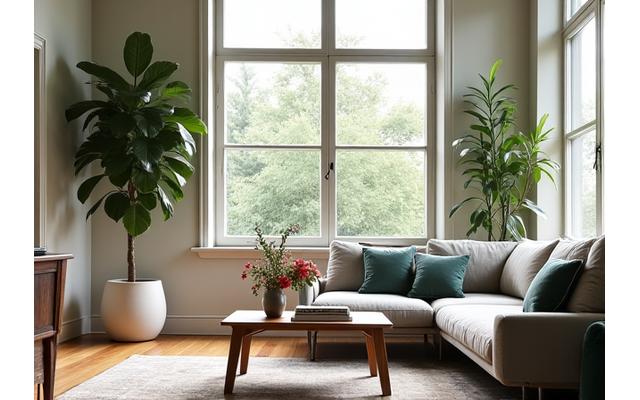 明るいリビングルームに置かれた観葉植物と花瓶