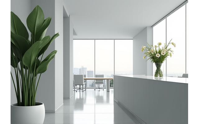 モダンなオフィス空間に配置された洗練された大型観葉植物
