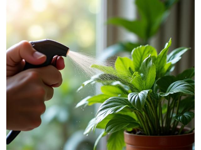 優しく植物の葉に霧吹きで水を与える手元