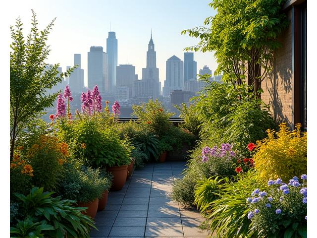 都市のルーフトップガーデンにある多様なコンテナ植物と季節の花々