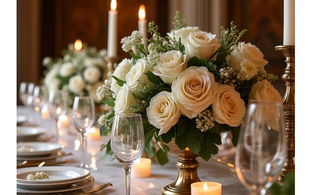 豪華な結婚式場のテーブルを飾る華やかなフローラルセンターピース