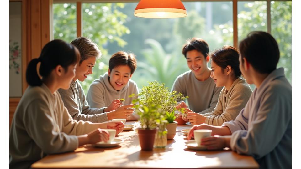 ワークショップ参加者たちが和やかに植物を囲んで談笑している様子