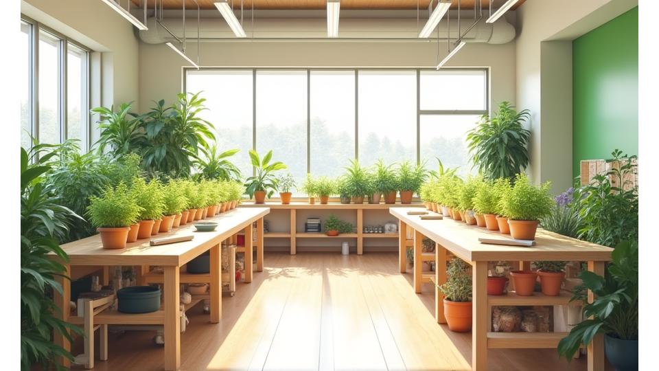 広く清潔な屋内の園芸ワークショップ施設、多くの作業台と植物が並んでいる