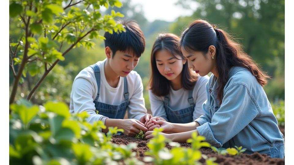 参加者が講師の指導のもと、真剣な表情で庭の手入れを行っている様子