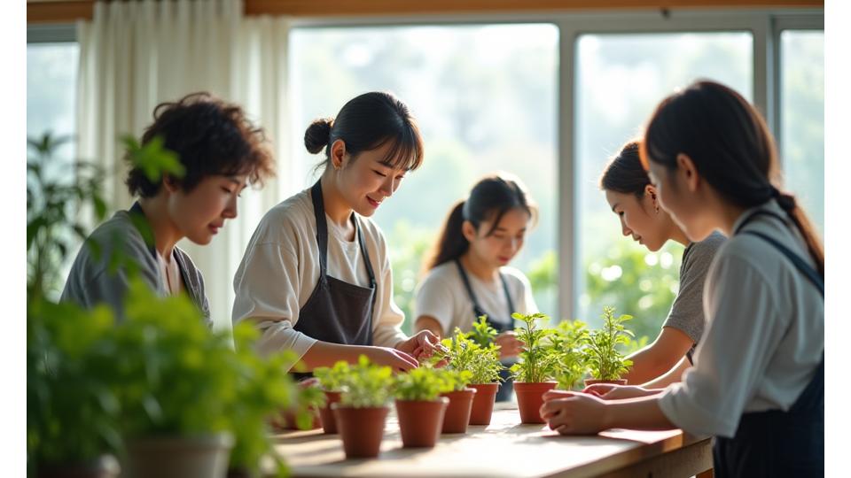 ワークショップの生徒たちが専門講師から指導を受けながら、笑顔で植物の植え付けを行っている様子。