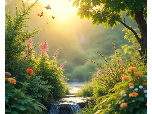多様な在来植物が生い茂る生態系豊かな庭園の一角。蝶が舞い、鳥の声が聞こえるような動的なシーン。