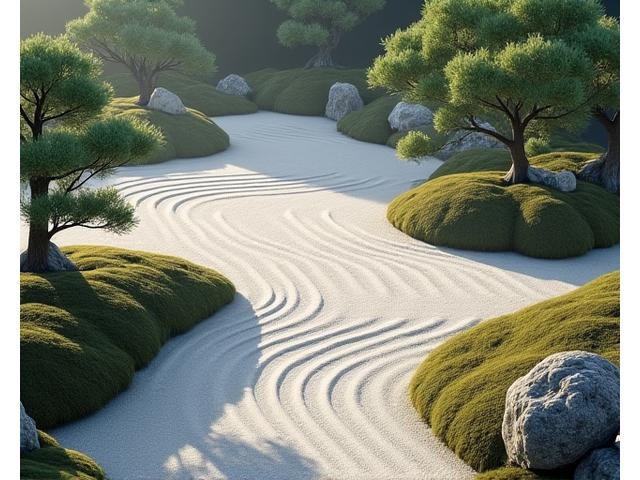 自然と調和した美しい日本庭園の風景。小石、苔、樹木が絶妙に配置され、静けさと平穏を表現している。