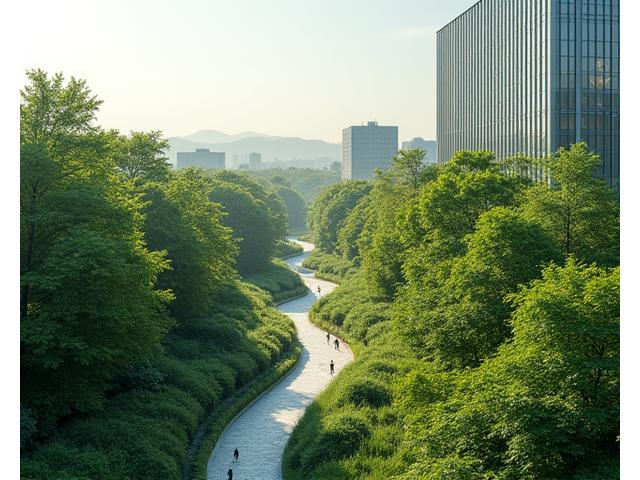 企業の広大な緑地で、従業員が自然観察をしている。