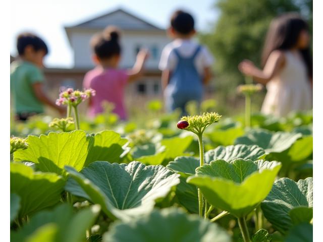 子供たちが学校の庭で、植物の成長を観察している。