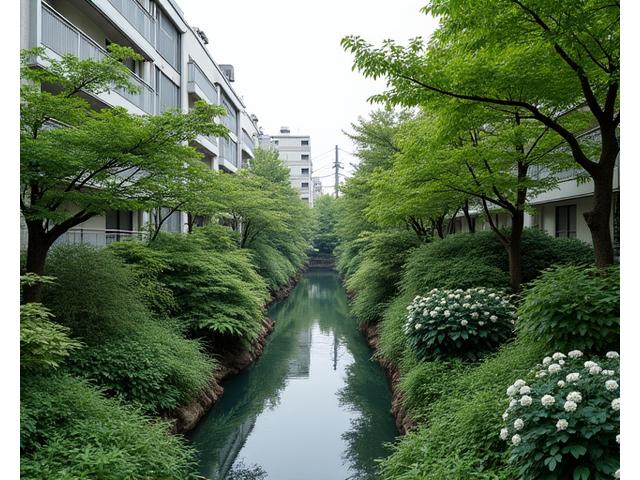 里山を模した都市住宅の庭で、手入れされた在来植物が豊かな緑を作り出している。