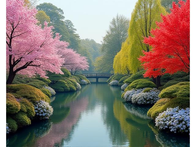 桜が満開の春の庭、緑が豊かな夏の庭、紅葉が美しい秋の庭、雪化粧の冬の庭の4つのパノラマ写真が並んでいる。