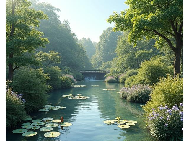 野鳥が水飲み場で羽を休め、蝶が花蜜を吸う、生物多様性に富んだ庭の活気あるシーン。