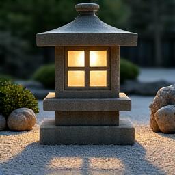 和風庭園の石灯籠から漏れる柔らかな光と陰影が織りなす空間