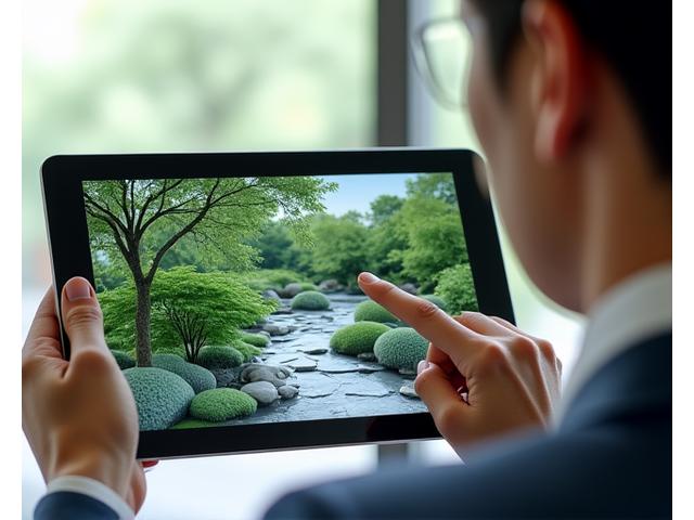 タブレットで3Dデザインを確認する日本人ガーデンデザイナー