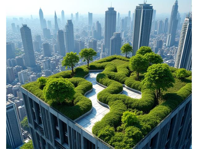 高層ビルの広々とした緑豊かな屋上庭園