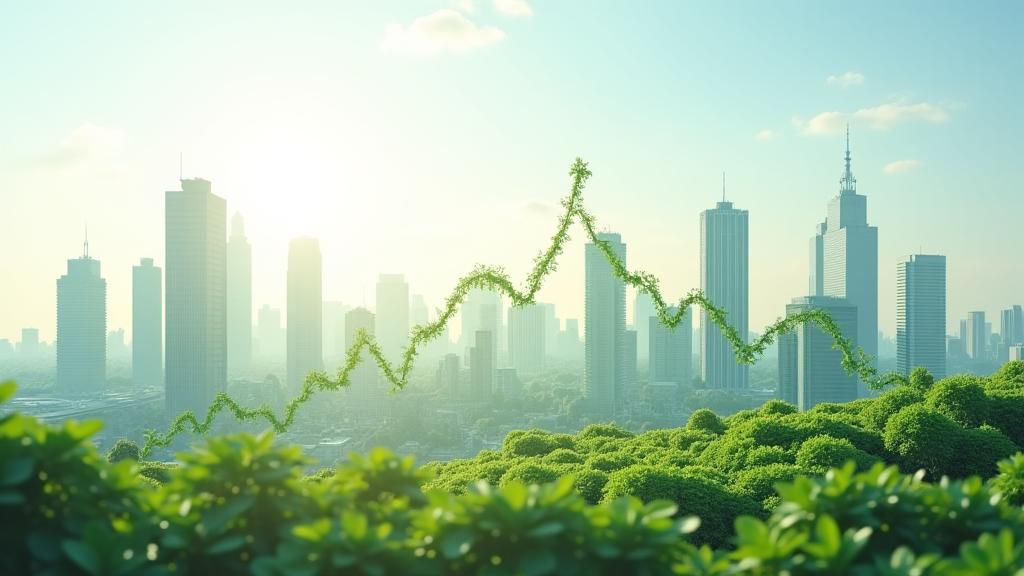CO2吸収量を表すグラフと、緑豊かな都市のランドスケープ